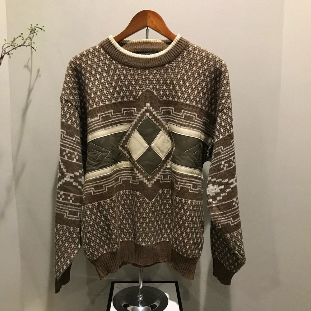 Saxony Collection Leather patchwork Sweater Men's Large Vintage abstract Brown